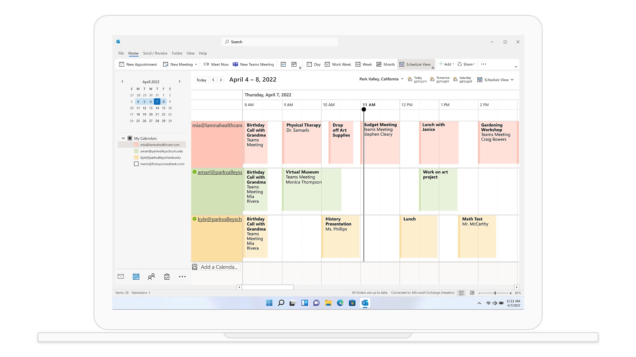 Una vista de calendario en Outlook muestra reuniones y citas para la semana del 29 de marzo.